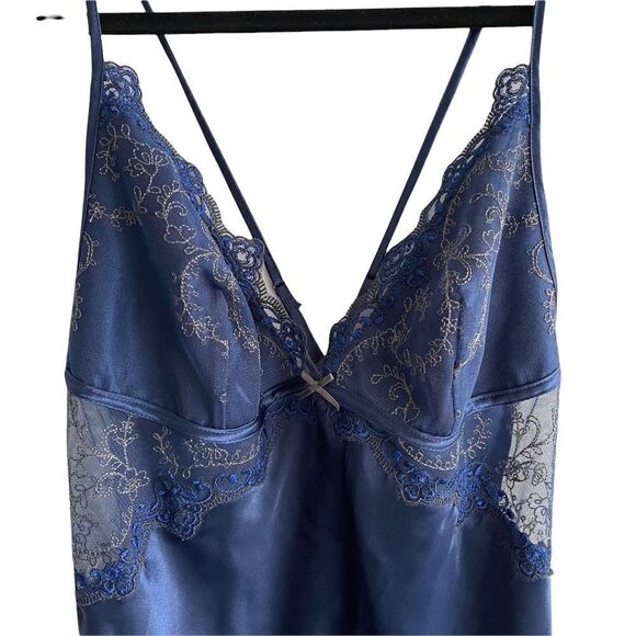 PARAH Lingerie Blue Satin Sleeveless Short Nightgown Nightdress Chemise Lace M - Picture 3 of 9